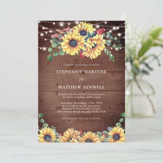 Rustige zonnebloemen lichten eucalyptusfeest kaart (Staand voorkant)