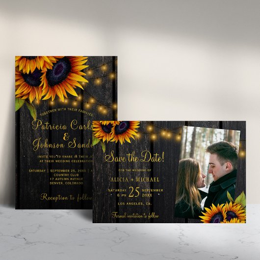 Rustige zonnebloemen lichten houten fotobruiloft a save the date