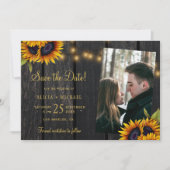 Rustige zonnebloemen lichten houten fotobruiloft a save the date (Voorkant)