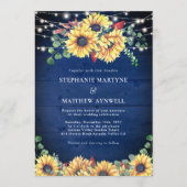 Rustige zonnebloemen lichten marineblauw hout huwe kaart (Voorkant)