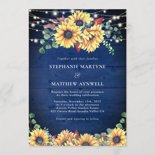 Rustige zonnebloemen lichten marineblauw hout huwe kaart (Voorkant)