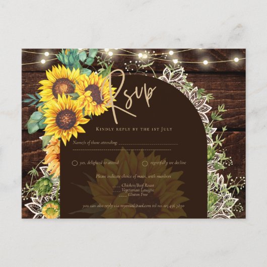 Rustige zonnebloemen Lights Lace Arch Wedding Briefkaart (Voorkant)