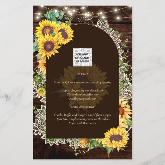 Rustige zonnebloemen Lights Lace Arch Wedding Flyer (Achterkant)