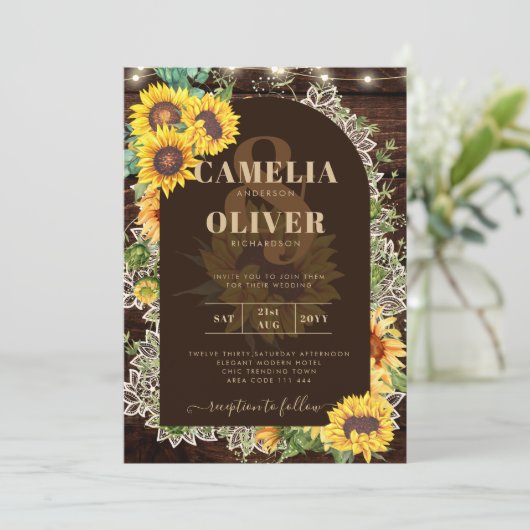 Rustige zonnebloemen Lights Lace Arch Wedding Kaart (Staand voorkant)