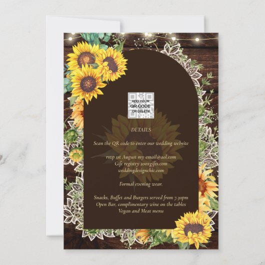 Rustige zonnebloemen Lights Lace Arch Wedding Kaart (Achterkant)