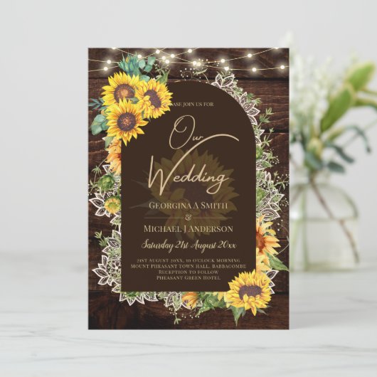 Rustige zonnebloemen Lights Lace Arch Wedding Kaart (Staand voorkant)