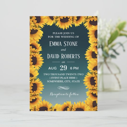 Rustige zonnebloemen Lijst Blauwgroen huwelijk Kaart (Staand voorkant)