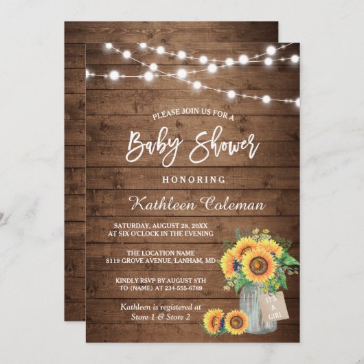 Rustige zonnebloemen Mason Jar Lights Baby shower Kaart (Voorkant / Achterkant)