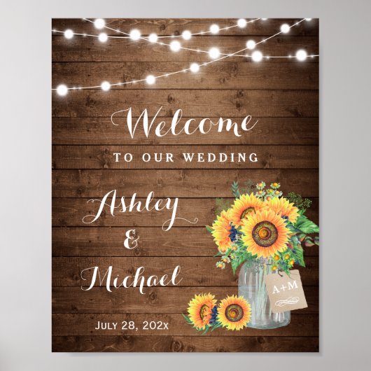 Rustige zonnebloemen Mason Jar Lights Wedding Sign Poster (Voorkant)