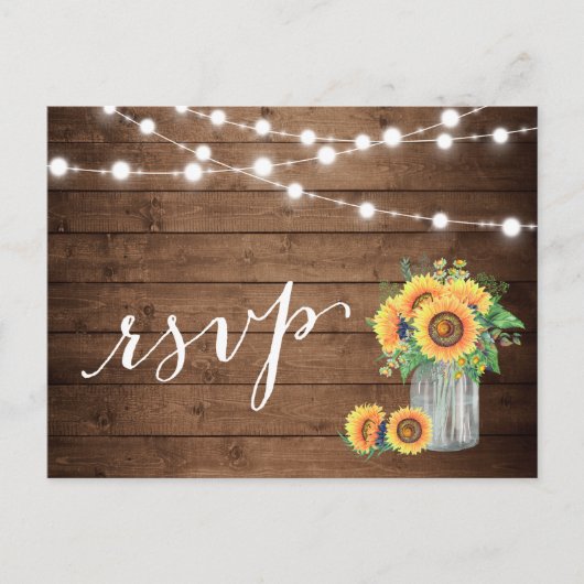 Rustige zonnebloemen Mason Jar String Lights RSVP Uitnodiging Briefkaart (Voorkant)