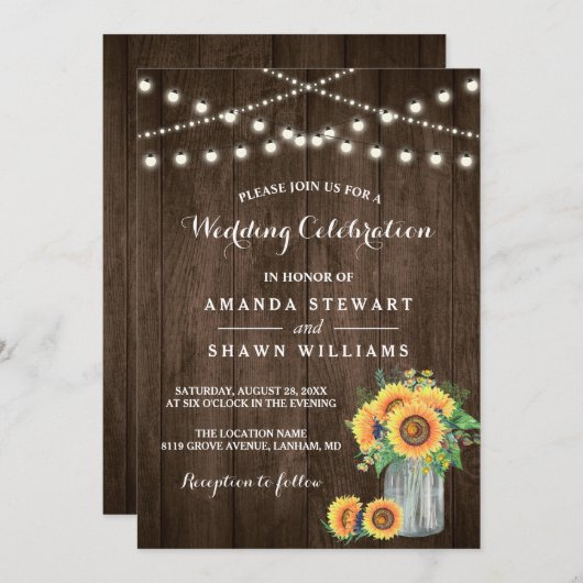 Rustige zonnebloemen Mason Jar String Lights Weddi Kaart (Voorkant / Achterkant)