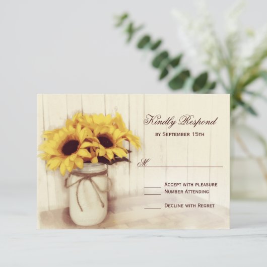 Rustige zonnebloemen Mason Jar Wedding RSVP-kaarte RSVP Kaartje (Staand voorkant)