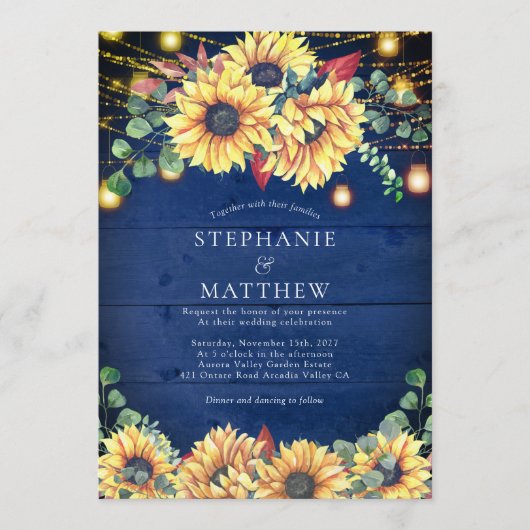 Rustige zonnebloemen Navy Blue Jar Lights Wedding Kaart (Voorkant)
