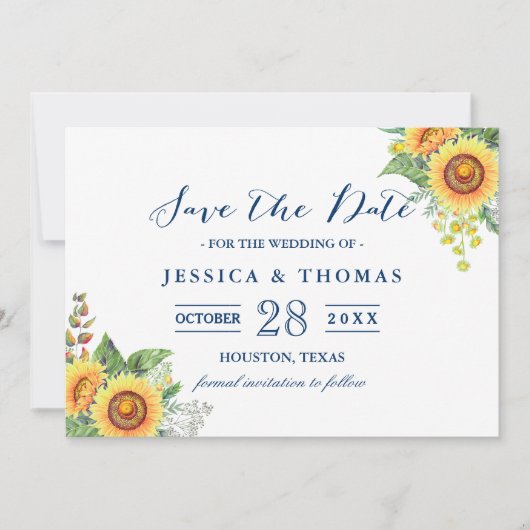 Rustige zonnebloemen Navy Blue Wedding Save the Da Date (Voorkant)