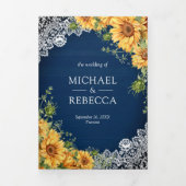 Rustige zonnebloemen Navy Blue Wood QR Code Wedden Drieluik Uitnodiging (Cover)