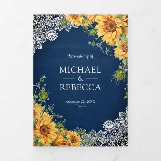 Rustige zonnebloemen Navy Blue Wood QR Code Wedden Drieluik Uitnodiging (Cover)