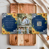 Rustige zonnebloemen Navy Blue Wood QR Code Wedden Drieluik Uitnodiging