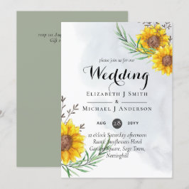 Rustige zonnebloemen Olive Leaves Wedding Invites