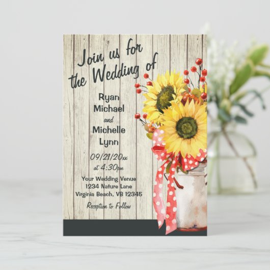 Rustige zonnebloemen op hout in één bruiloft kaart (Staand voorkant)