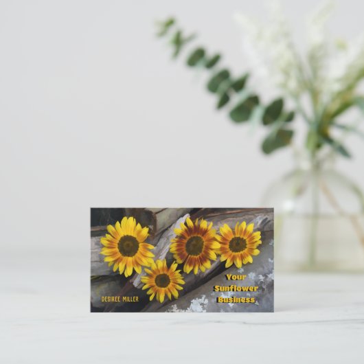 Rustige zonnebloemen op Visitekaartje van houtblok (Staand voorkant)