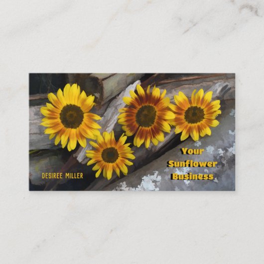 Rustige zonnebloemen op Visitekaartje van houtblok (Voorkant)