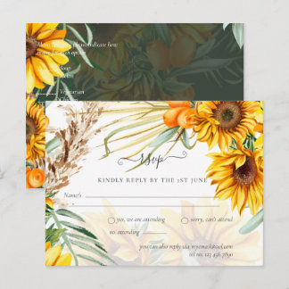 Rustige zonnebloemen Pampas Grass Wedding Briefkaart
