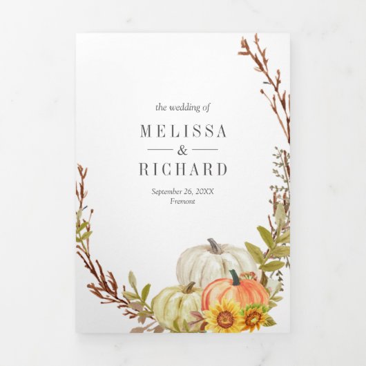 Rustige zonnebloemen pompoen QR Code Weddenschap Drieluik Uitnodiging (Cover)