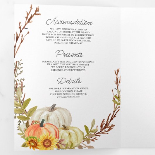 Rustige zonnebloemen pompoen QR Code Weddenschap Drieluik Uitnodiging (Binnenzijde eerst)