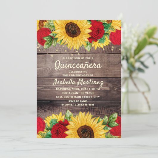 Rustige zonnebloemen Rood Roses Quinceañera Kaart (Staand voorkant)