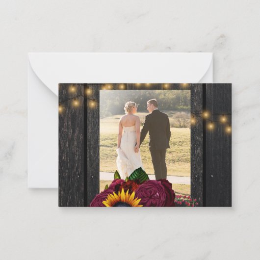 Rustige zonnebloemen rozen 2 foto's bruiloft bedan notitiekaartje (Achterkant)