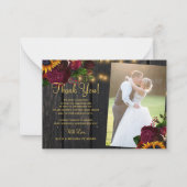 Rustige zonnebloemen rozen 2 foto's bruiloft bedan notitiekaartje (Voorkant)
