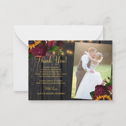 Rustige zonnebloemen rozen 2 foto's bruiloft bedan notitiekaartje (Voorkant)