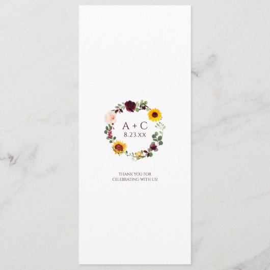 Rustige zonnebloemen Rozen Burgundy Red Wedding Menu (Achterkant)