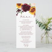 Rustige zonnebloemen Rozen Burgundy Red Wedding Menu (Staand voorkant)