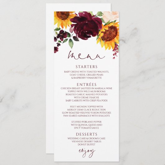 Rustige zonnebloemen Rozen Burgundy Red Wedding Menu (Voorkant / Achterkant)