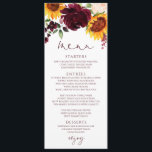 Rustige zonnebloemen Rozen Burgundy Red Wedding Menu<br><div class="desc">Rustic Sunflower and Rozen Waterverf Wedding Menu: Deze herfst / herfstbruiloft staat voor waterverf zonnebloemen en bruine bloemen. De rug houdt uw initialen in een zonnebloem en roos rustic lijst.U kunt meer tekst aan de rug toevoegen door "verder aan te passen" te klikken.</div>