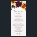 Rustige zonnebloemen Rozen Burgundy Red Wedding Menu<br><div class="desc">Rustic Sunflower and Rozen Waterverf Wedding Menu: Deze herfst / herfstbruiloft staat voor waterverf zonnebloemen en bruine bloemen. De rug houdt uw initialen in een zonnebloem en roos rustic lijst.U kunt meer tekst aan de rug toevoegen door "verder aan te passen" te klikken.</div>