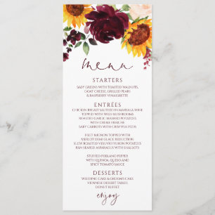 Rustige zonnebloemen Rozen Burgundy Red Wedding Menu