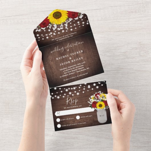 Rustige zonnebloemen Rozen Jar Lights Wedding All In One Uitnodiging (Afscheurbaar)