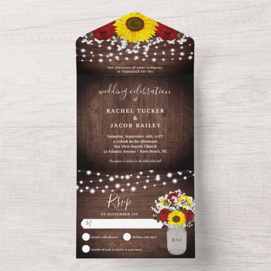 Rustige zonnebloemen Rozen Jar Lights Wedding All In One Uitnodiging (Binnen)