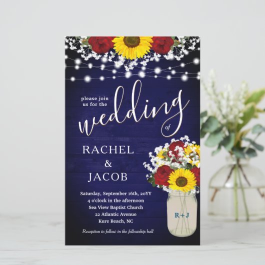 Rustige zonnebloemen Rozen Mason Jar Blue Wedding (Staand voorkant)