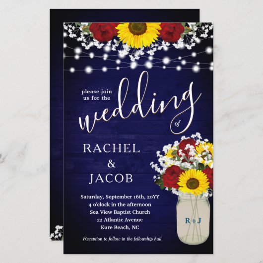 Rustige zonnebloemen Rozen Mason Jar Blue Wedding (Voorkant / Achterkant)