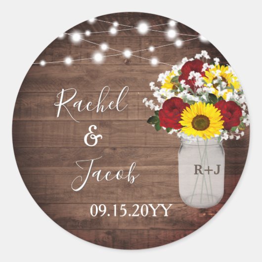 Rustige zonnebloemen Rozen Mason Jar Lights Weddin Ronde Sticker (Voorkant)