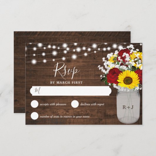 Rustige zonnebloemen Rozen Mason Jar Lights Weddin RSVP Kaartje (Voorkant / Achterkant)