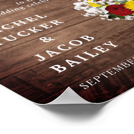 Rustige zonnebloemen Rozen Mason Jar Welcome Wedde Poster (Hoek)