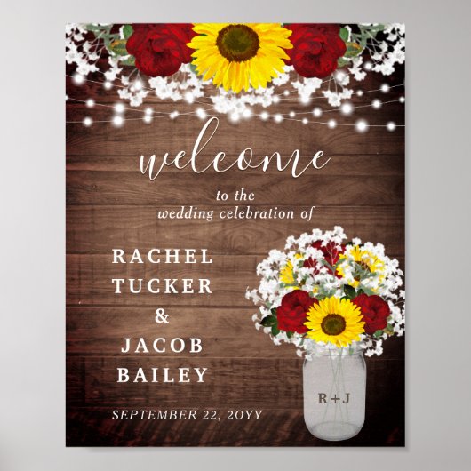 Rustige zonnebloemen Rozen Mason Jar Welcome Wedde Poster (Voorkant)