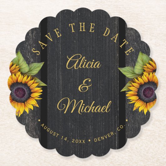 Rustige zonnebloemen, snijhout, huwelijksdag kartonnen onderzetters (Voorkant)