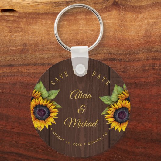 Rustige zonnebloemen, snijhout, huwelijksdag sleutelhanger (Voorkant)