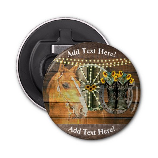 Rustige Zonnebloemen Wagon Wheel Cowboy Boots Button Flesopener (Voorkant)