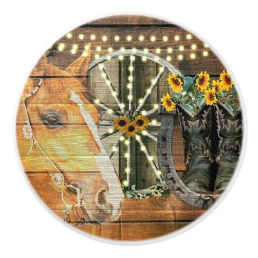 Rustige Zonnebloemen Wagon Wheel Cowboy Boots Keramische Knop (Voorkant)